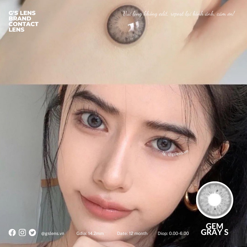 Lens Mắt Kính Áp Tròng Xám Tây Sáng Gem Gray Vân Mắt Giãn Ít Có Từ 0 Đến 7 Độ Lệch Độ Size S 14.2mm