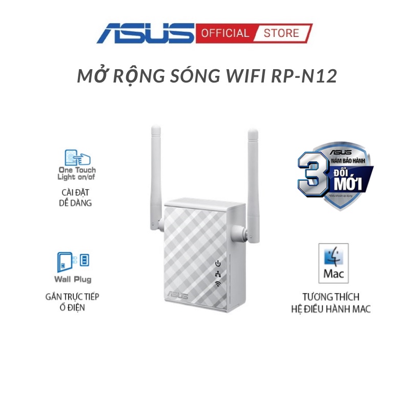 Bộ Mở Rộng Sóng Asus RPN12 Repeater Chuẩn N300 2 Ăngten 2dBi Giúp Tăng Độ Phủ Sóng