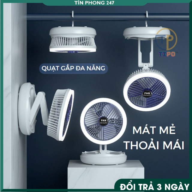 Quạt Tích Điện Có Đèn Gấp Gọn, Kích Thước Nhỏ, Pin 2400 mAH, 4 Mức Gió, Có Đèn 3 Chế Độ, Móc Treo Tiện Lợi Treo Tương