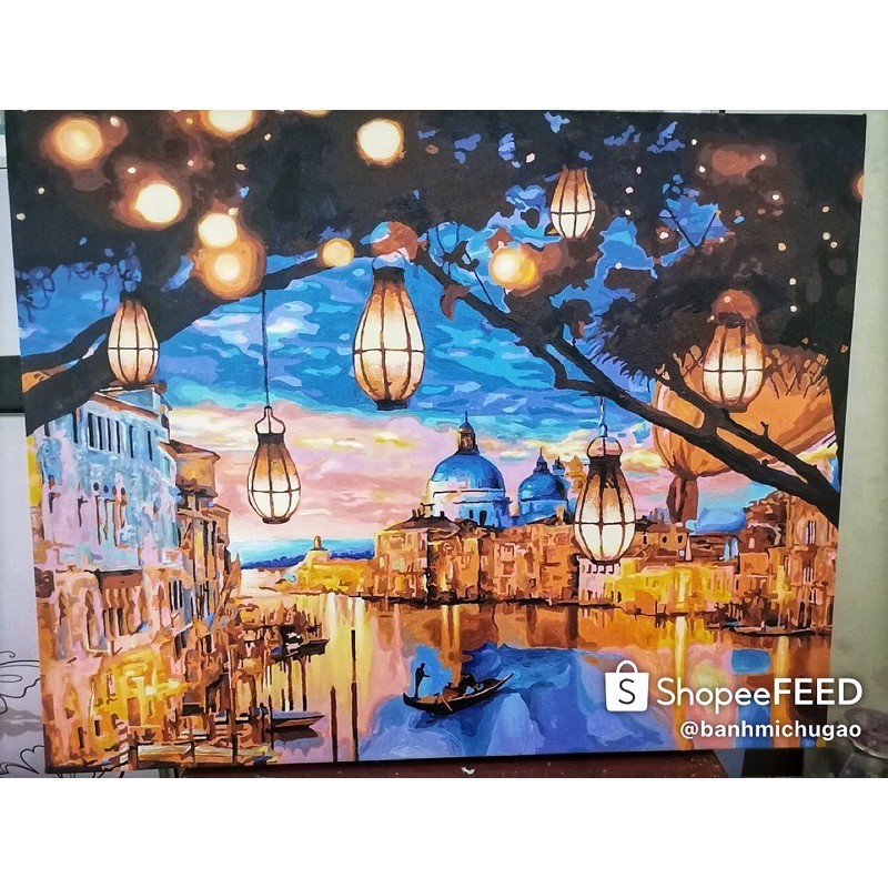 Tổng Hợp Tranh Phong Cảnh. Tranh sơn dầu số hoá tự tô màu theo số có khung 40*50cm, cọ và màu theo tranh