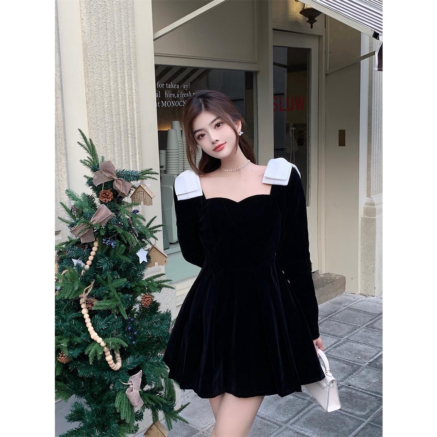 Đầm nhung dáng chữ A hàng Quảng Châu cao cấp đầu xu hướng mùa thu váy ngắn ngọt ngào phong cách tiểu thư