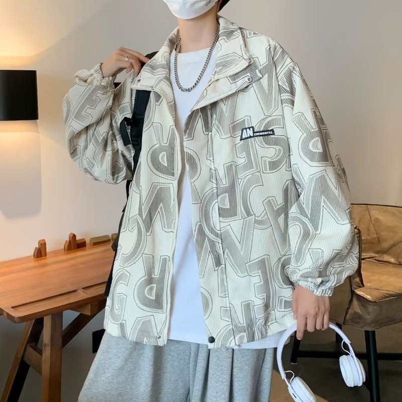 Áo Khoác Nhung Kẻ Dáng Rộng In Chữ Phong Cách Thời Trang Hàn Quốc Cho Nam Giới