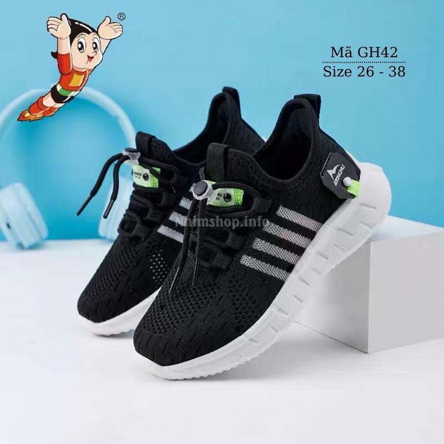 Giày thể thao bé trai màu đen 3 - 12 tuổi khóa rút sành điệu đế siêu nhẹ chống trơn cho trẻ em nam đi học chạy bộ GH42
