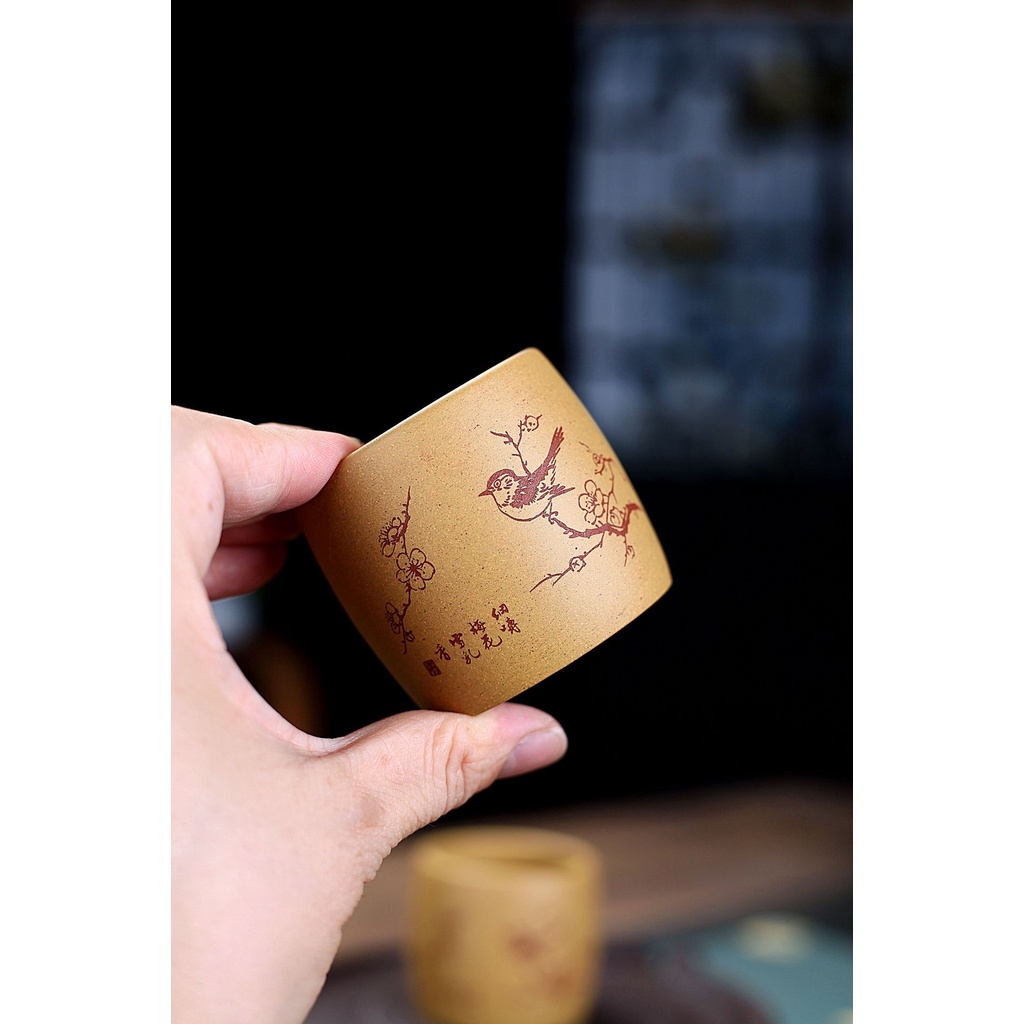 Chén Tử Sa Nghi Hưng 100 ml Họa tiết Chim Cây (Hoàng Kim Đoạn Nê)