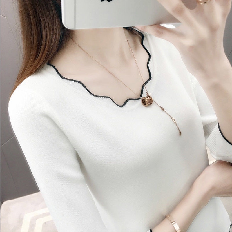 Áo Thun Nữ Tay Dài Viền Lượn Sóng Ống Tay Rộng