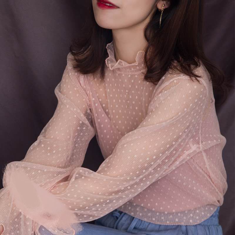 Áo chiffon ren lưới ôm dáng tay dài cổ cao thời trang xuân thu 2022 cho nữ