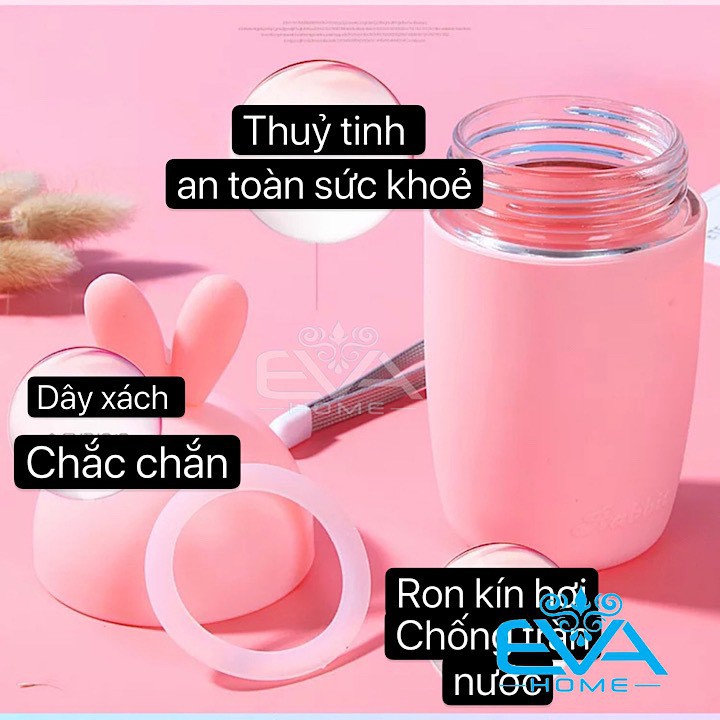 Bình Nước Thủy Tinh Bọc Silicone Hình Cà Rốt Và Tai Thỏ Cute Kèm Dây Xách 400ml