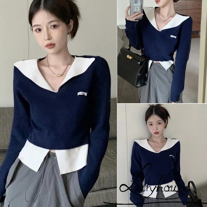 Áo Thun Dệt Kim Mỏng Tay Dài Cổ Chữ V Màu Sắc Tương Phản Cho Nữ