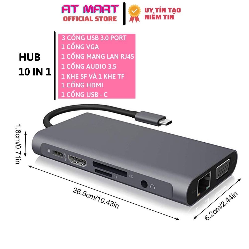 Bộ chuyển đổi hub USB Type-C sang hdmi HUB 10 trong 1 Máy tính xách tay laptop táo,tablet táo Trạm cắm USB Hub PD