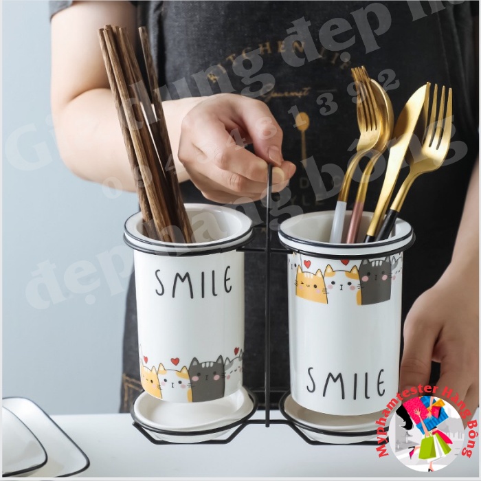 (HÀNG ĐẸP) Bộ ống đựng đũa sứ đựng đũa, thìa, muỗng cao cấp kèm khung thép xuất Nhật