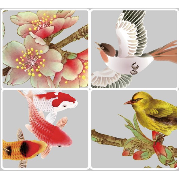 Decal trang trí Phong cảnh HOA LÁ CHIM TRÊN CÀNH KÈM CHỮ