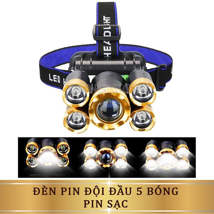Đèn Đội Đầu Đeo Trán 5 Bóng T6 Siêu Sáng Kèm Pin Sạc gọn gàng thuận tiện