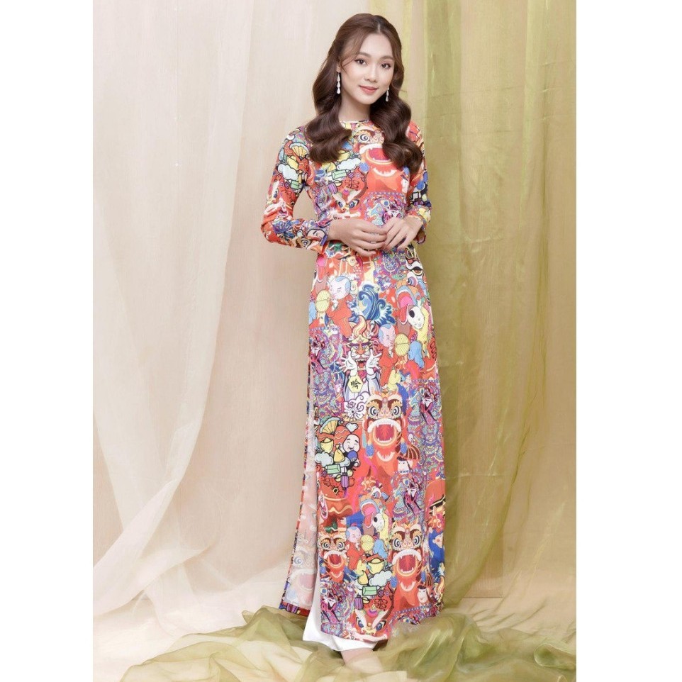 Áo dài truyền thống nữ vải gấm cổ tròn hoạ tiết múa lân có nhiều size