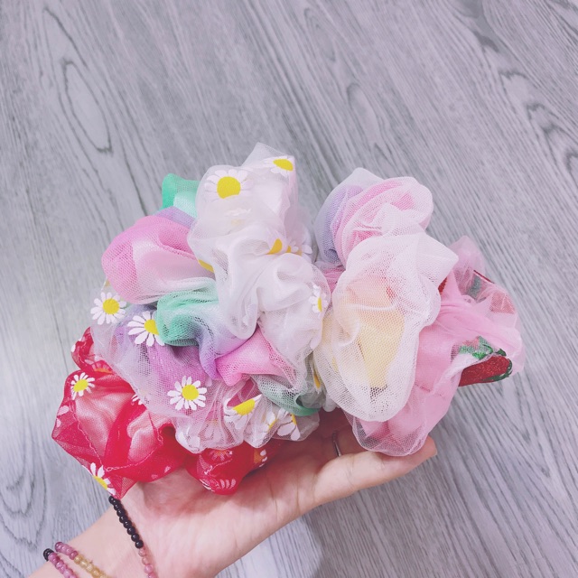 Scrunchies - cột tóc vải 2 lớp họa tiết hoa cúc và nhiều hình xinh