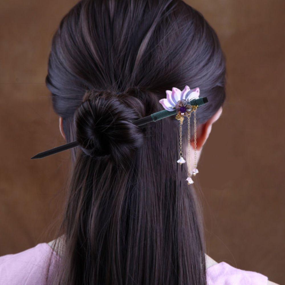 Fudeshe Gỗ mun Tua làm bằng tay Que gắp tóc Phong cách cổ điển Hoa Kẹp tóc Dụng cụ tạo kiểu tóc Phụ kiện tóc tinh tế