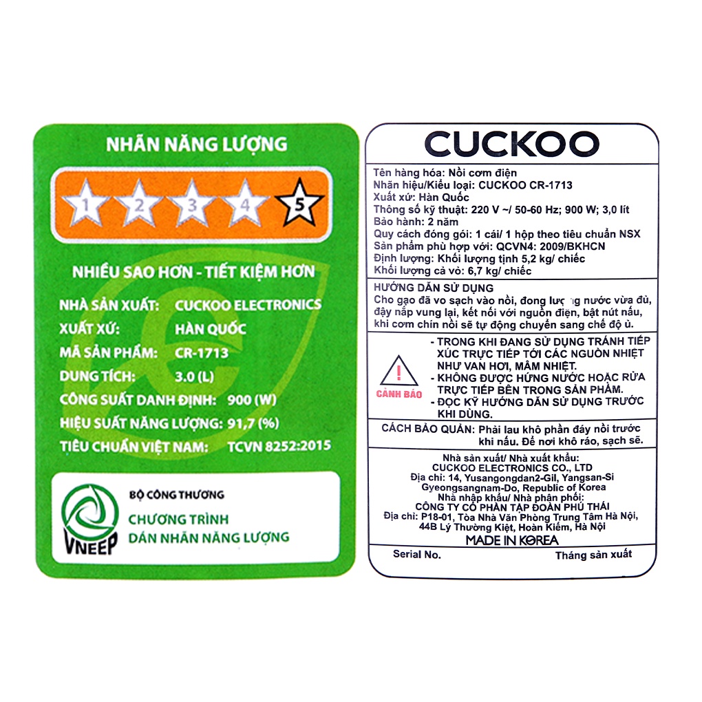 [Mã ELHADEV giảm 4% đơn 300K] Nồi cơm nắp gài Cuckoo CR- 1713 3 lít