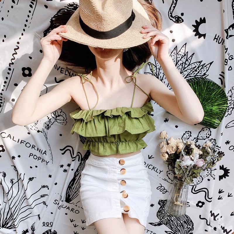 Áo 2 Dây Trễ Vai Chun Ngực Bèo Tầng Dáng Croptop Chất Đũi Màu Xanh Áo Hở Vai Cúp Ngực