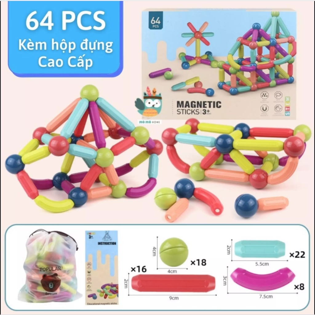 Bộ Xếp hình nam châm từ tính,đồ chơi xếp hình lego đồ chơi xếp hình dạng que tròn Magnetic Sticks
