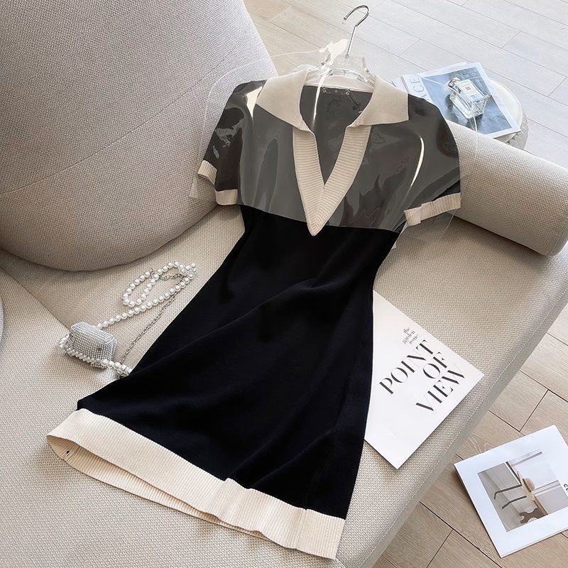 Đầm Dệt Kim Cổ polo Màu Đen Phong Cách Pháp Thời Trang Mùa Hè 2022 Cho Nữ