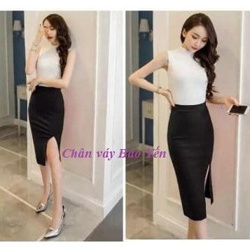 Chân váy bút chì dài qua gối xẻ đùi trước màu đen- M17