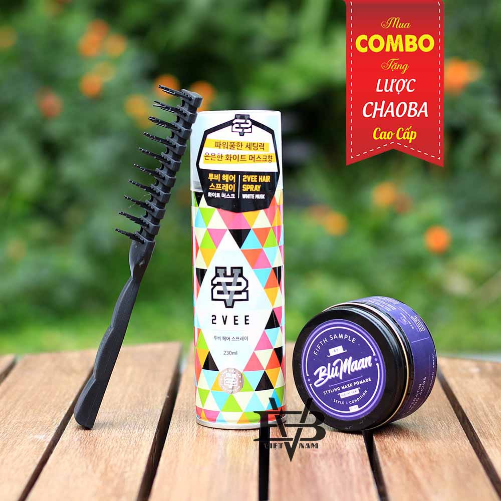 Combo Gôm xịt tóc 2Vee 230ml + Sáp vuốt tóc Blumaan Pomade Mỹ 3.7 oz + Tặng lược tạo kiểu Chaoba