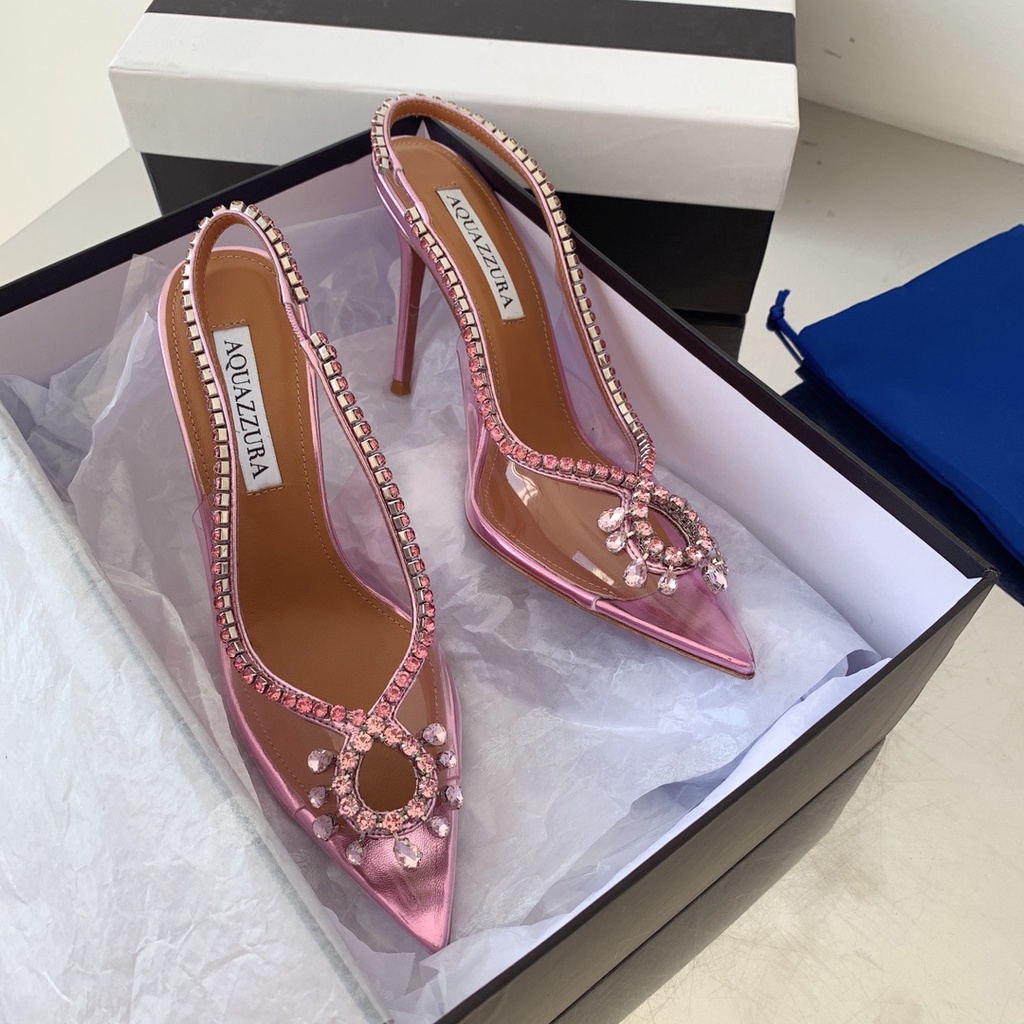 Giày cao gót nữ da thật thời trang cao cấp Aquazzura thiết kế đính viền đá sang trọng, thời thượng