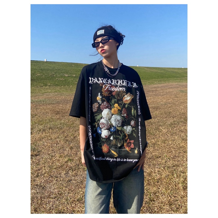 Áo thun ngắn tay dáng rộng phong cách hip-hop Mỹ cho nữ