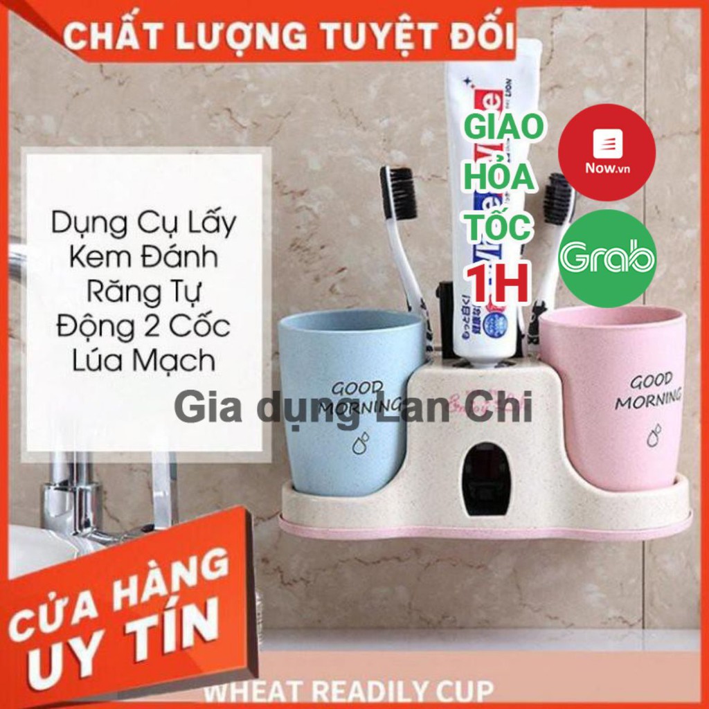 BỘ KHAY NHẢ KEM ĐÁNH RĂNG TỰ ĐỘNG - KỆ ĐỂ ĐỒ PHÒNG TẮM CAO CẤP KÈM 2 CỐC LÚA MẠCH