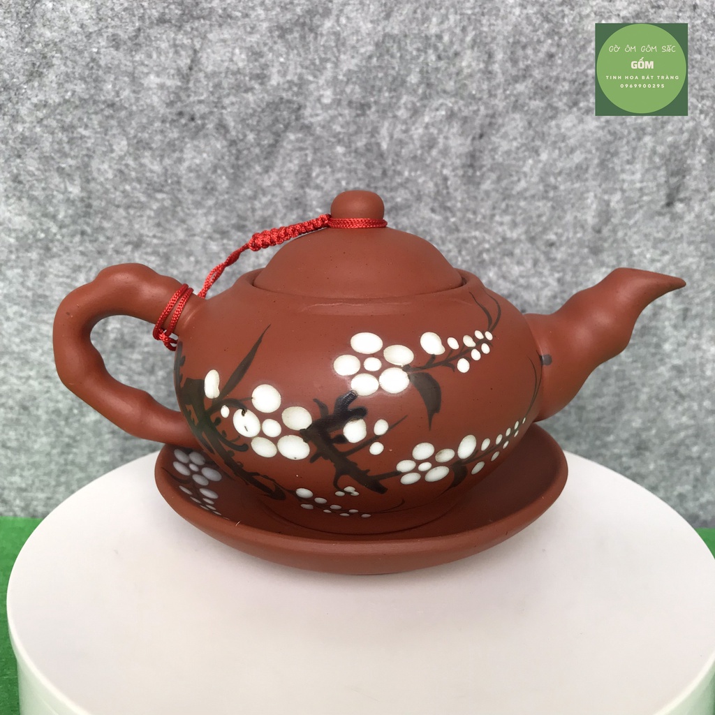 Bộ ấm trà tách trà Bát Tràng tử sa chấm hoa đào, Bộ ấm chén cao cấp dung tích 280ml