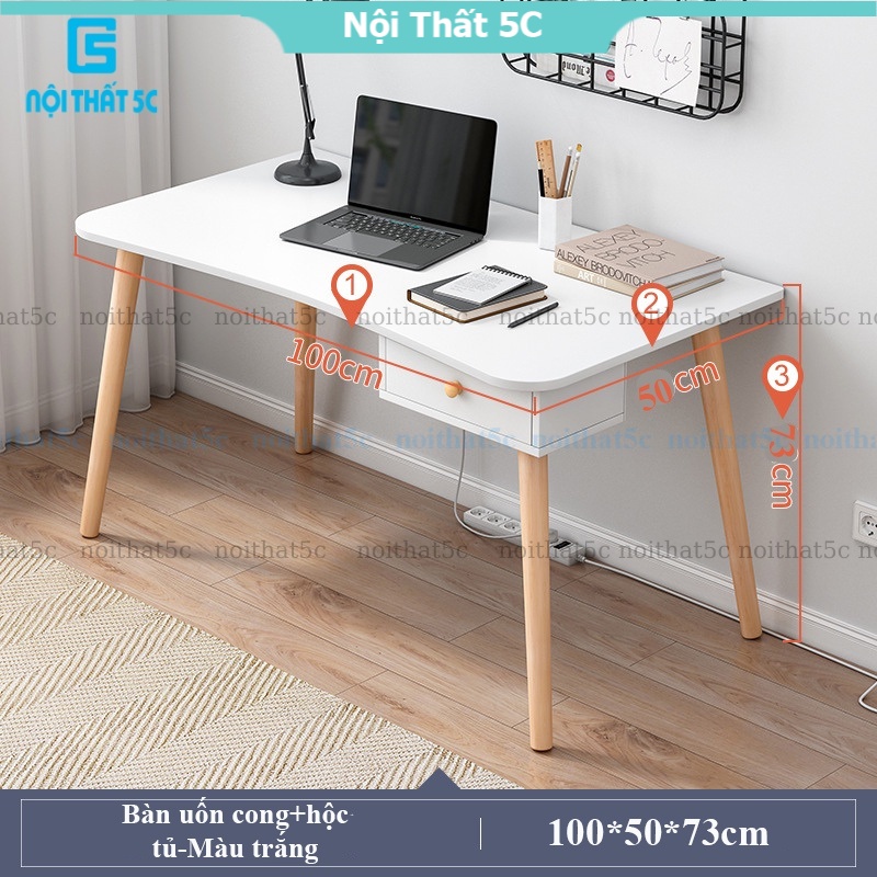 Bàn học gỗ công nghiệp kèm một ngăn kéo để đồ,bàn làm việc mặt bàn cong chống gù lưng chân gỗ tự nhiên chắc chắn,bền bỉ
