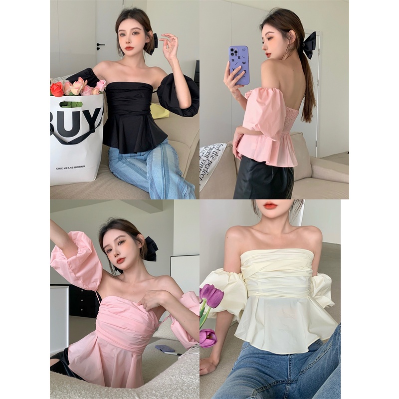 QKOOLE Áo thun trễ vai tay phồng phong cách Hàn Quốc dành cho nữ