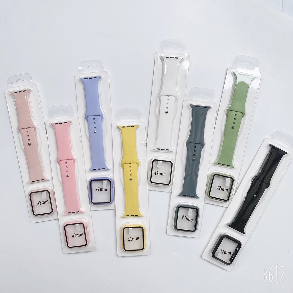 Bộ Ốp kính cường lực 9H và Dây đeo màu chống bẩn bảo vệ đồng hồ Apple Watch size 38mm 40mm 42mm 44mm cho các loại Series