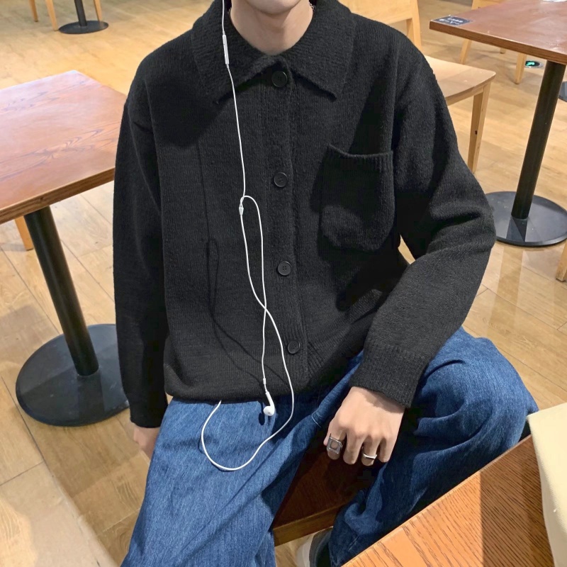 Áo len dài tay màu trơn cổ bẻ có túi phong cách Hàn Quốc thời trang thu đông cho nam