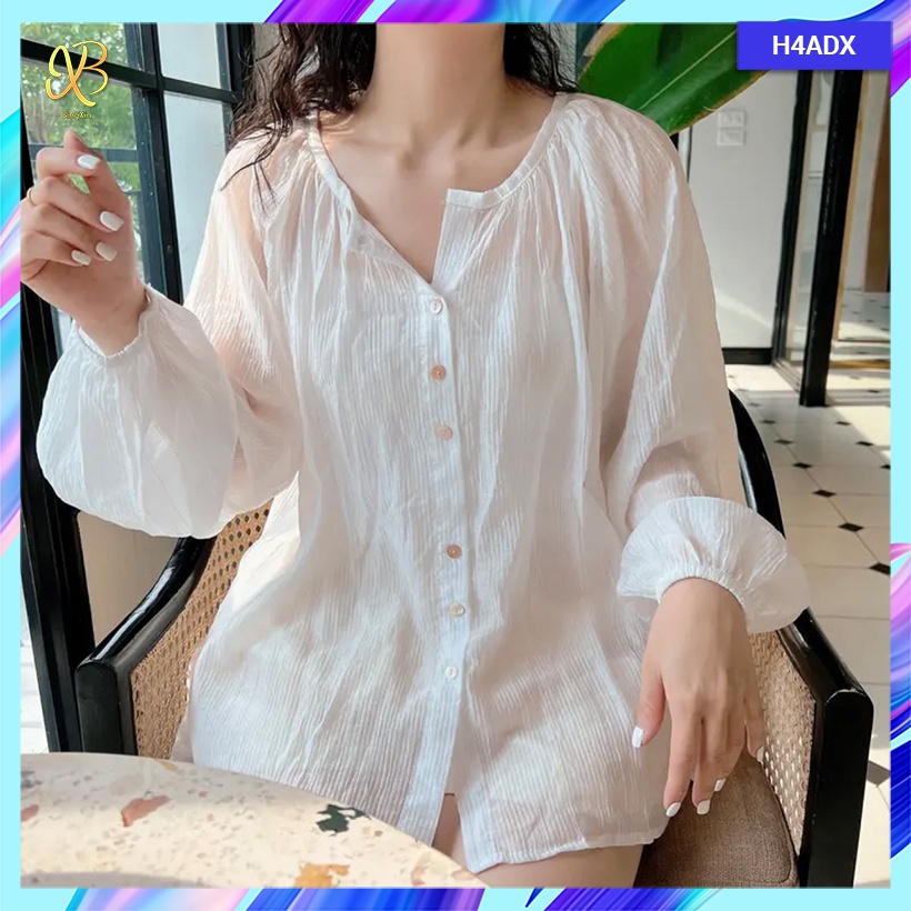 Áo sơ mi nữ cổ tròn form rộng tay bồng tiểu thơ chất đũi xốp mỏng thoáng mát - H4ADX - Bingxin
