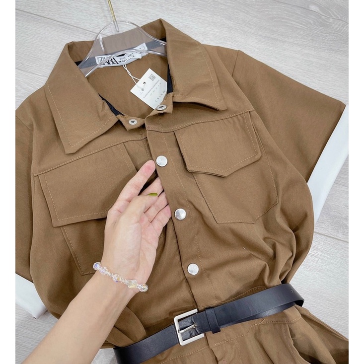 VÁY SƠ MI NÂU CÚC CỔ BẺ KÈM ĐAI