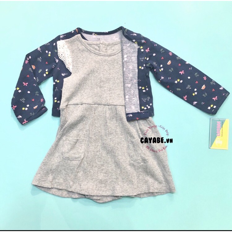 SET ĐẦM BODYSUIT VÀ ÁO KHOÁC CHO BÉ GÁI CAYABE: ĐẦM XÁM CÁNH TIÊN VÀ ÁO KHOÁC XANH HOA LÁ (QUẦN ÁO TRẺ EM)