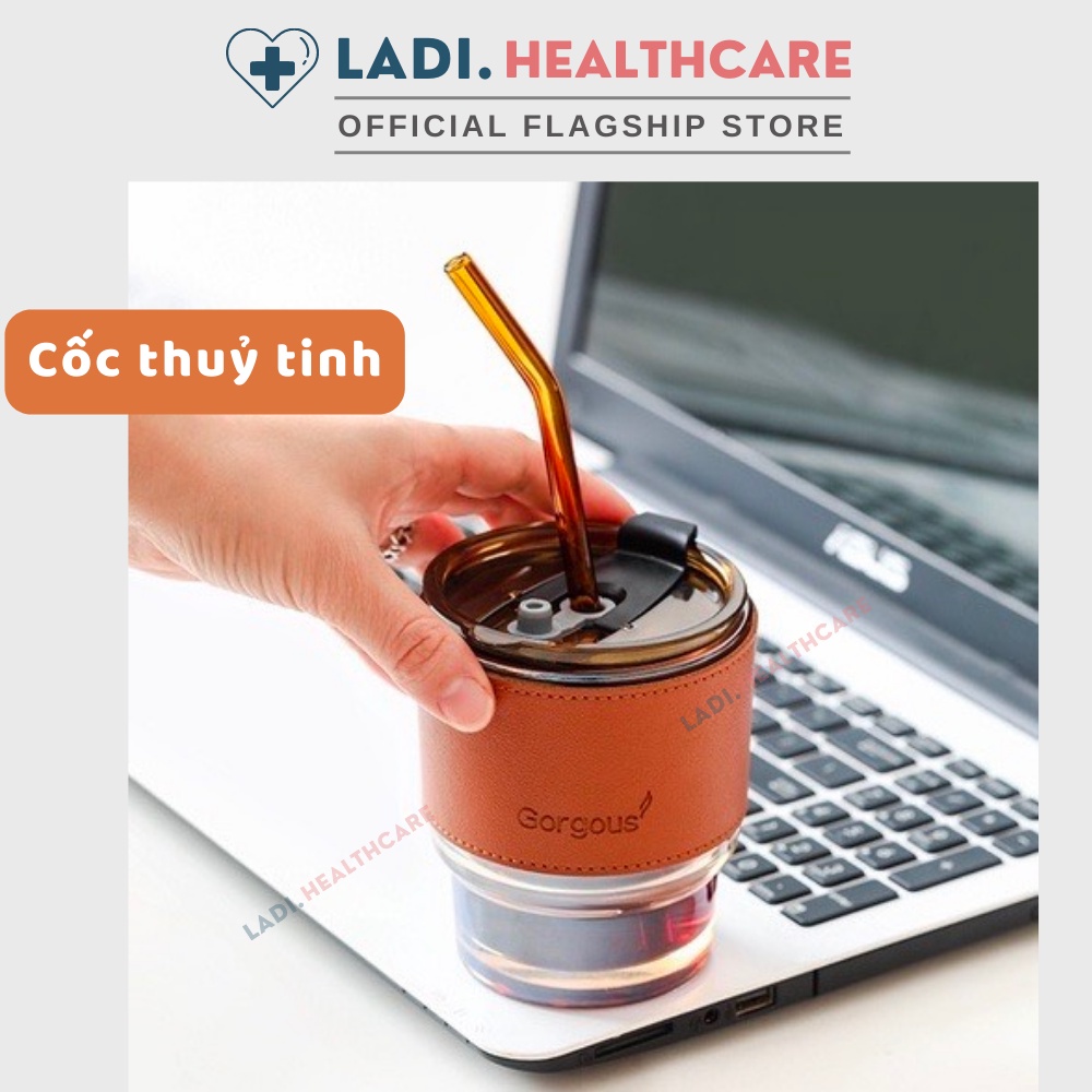 Cốc thuỷ tinh 450ml tặng Sticker trang trí ly, bình nước thuỷ tinh có nắp kèm bao da