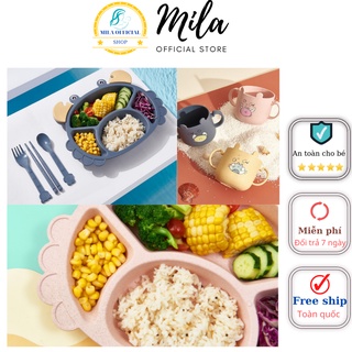 Bộ khay ăn lúa mạch chia ngăn hình chú cua kèm thìa, đũa, nĩa