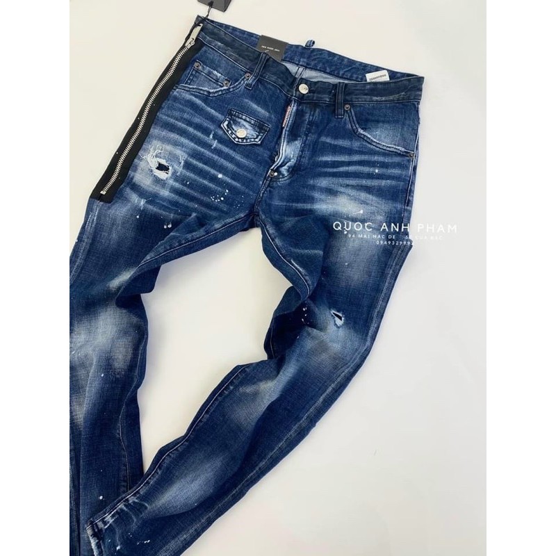 Quần bò nam xanh rách khóa zip, ống đứng hàng spf.