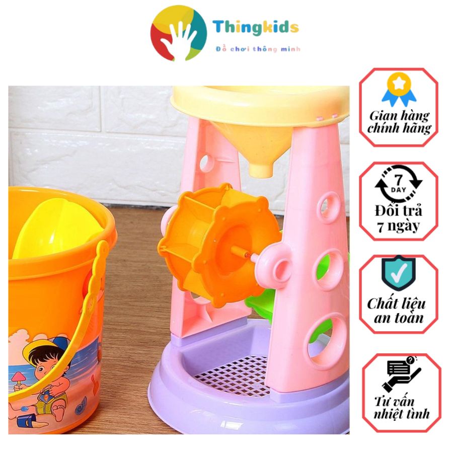 Đồ chơi trẻ em Xô cát đi biển có guồng quay, khuôn nặn cát,và dụng cụ chơi cát - Thingkids