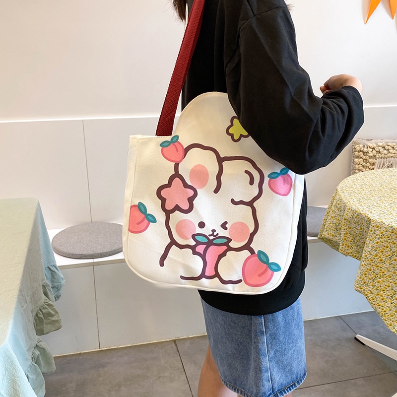 Túi Xách Vải Canvas Cỡ Lớn In Họa Tiết Thỏ Hoạt Hình Phong Cách Nhật Hàn Cho Nữ