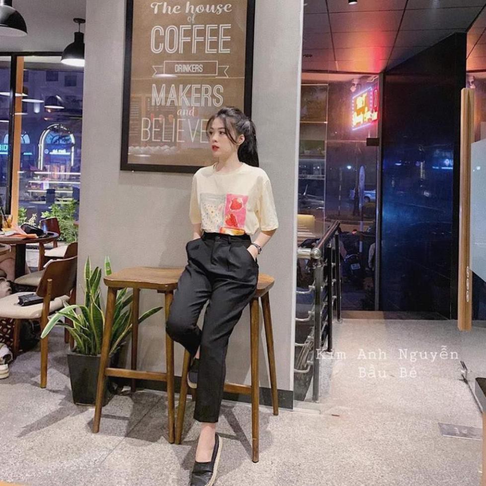 Set Baggy Font Be 🌸 Bộ quần bagy cát hàn màu đen cạp chun áo font cộc tay dáng suông in hoạ tiết Vin