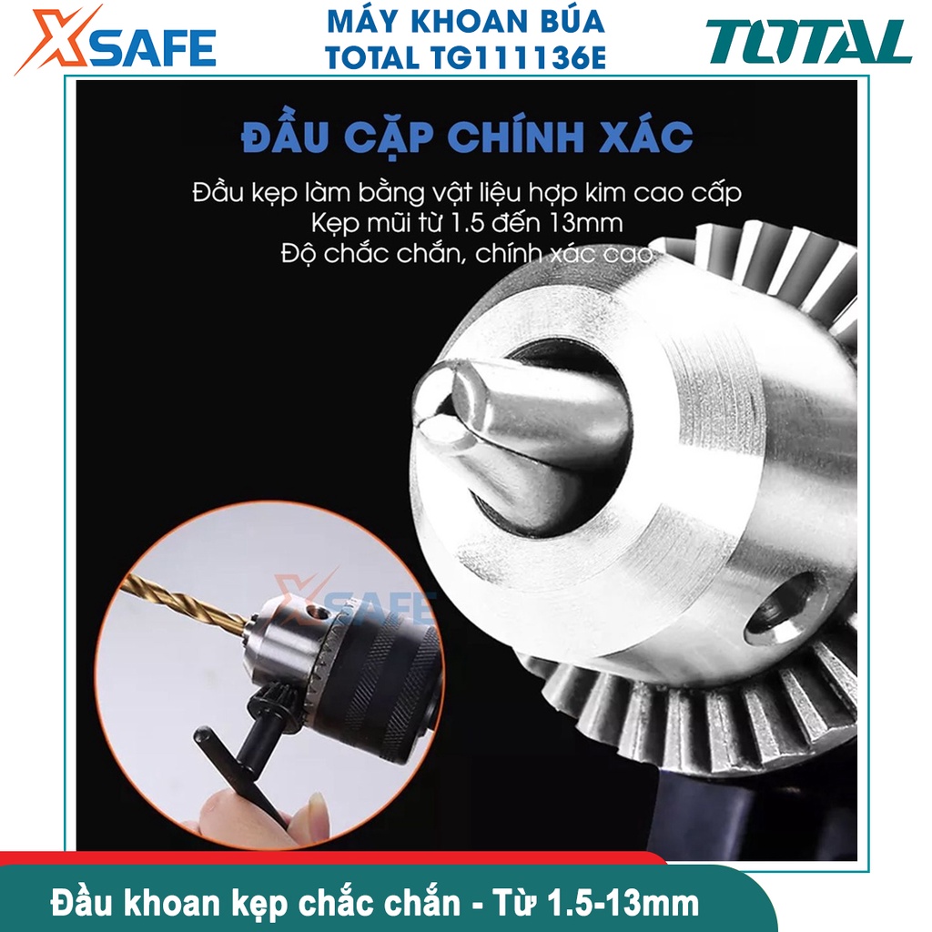 Máy khoan cầm tay TOTAL TG111136E dùng điện, công suất 1010W, 2 chức năng khoan động lực và búa,  có công tắc đảo chiều