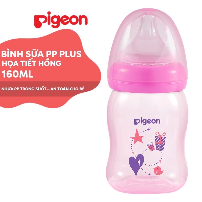 Bình sữa cổ rộng PP Plus Hoạ tiết Xanh/Hồng Pigeon 160ml/240ml