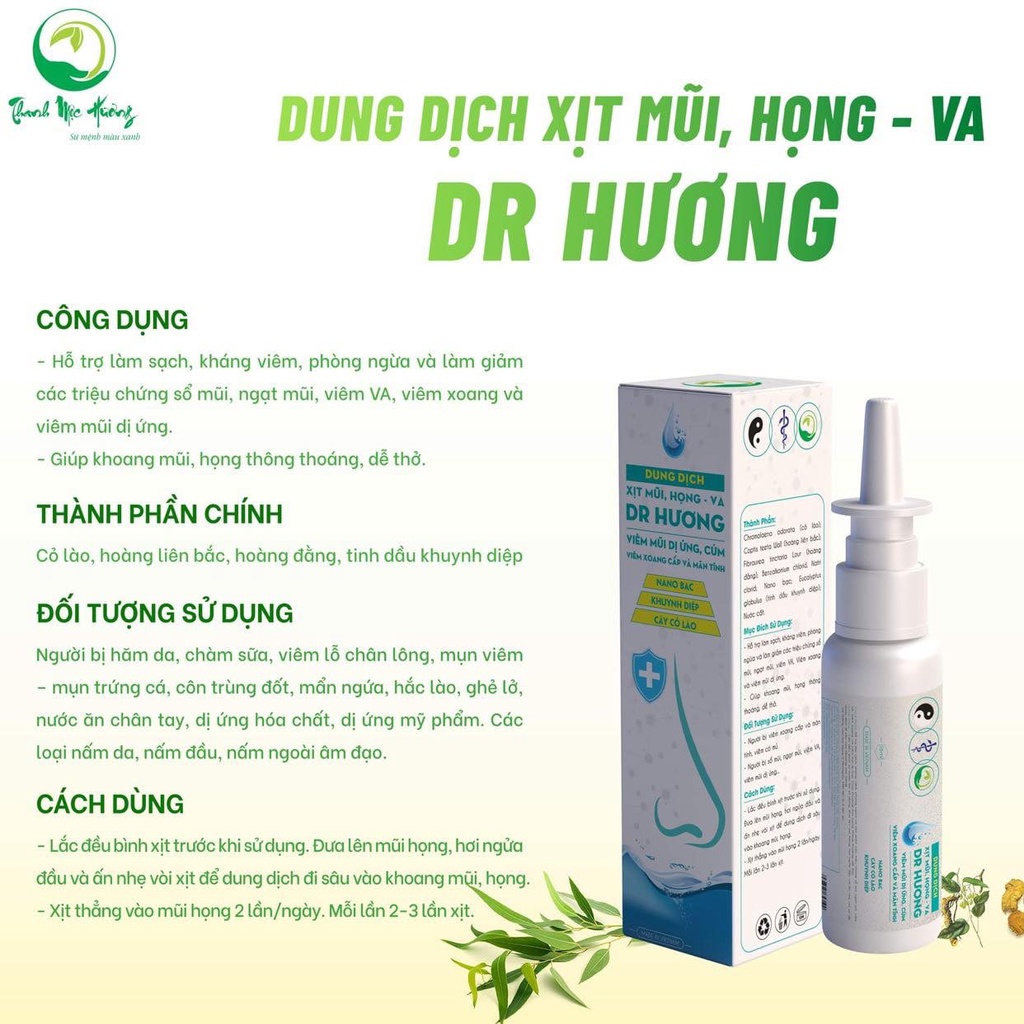 Dung dịch xịt mũi họng Dr Hương viêm xoang viêm mũi họng GIẢM NGAY NGHẸT MŨI, NGỨA MŨI, CHẢY NƯỚC MŨI