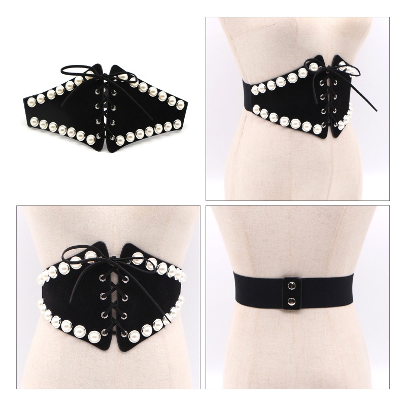 Thắt Lưng Nhung Bản Rộng Co Giãn Đính Ngọc Trai Thời Trang Cho Nữ