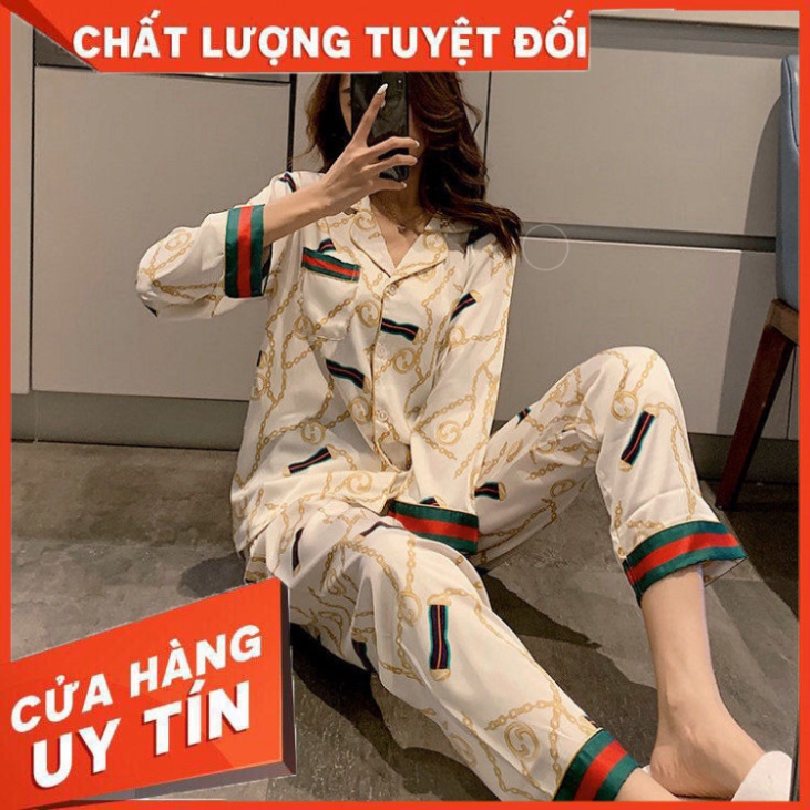Bộ đồ ngủ vải lụa lạnh tay dài in họa tiết Gucci/ LV cao cấp size M-5X - Hàng nhập khẩu