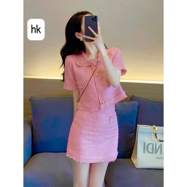 Set dạ bố màu hồng xinh xắn, Áo Dạ Tweed Kèm Chân Váy A Hàng Quảng Châu (HÌNH THẬT)