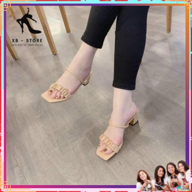 Guốc cao gót 5 phân quai bản nhún xếp ly gót vuông style 2022 [ XB - STORE ]