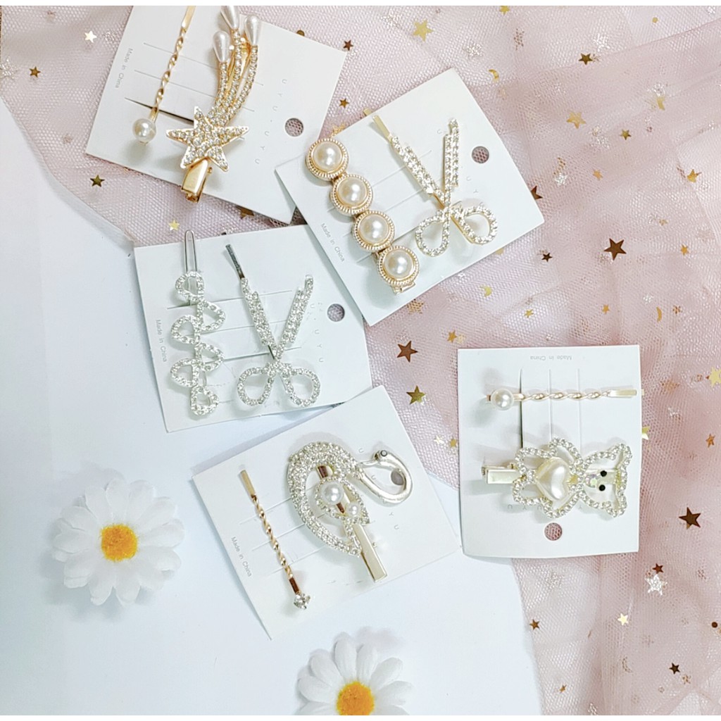 Set 2 Kẹp Tóc Mix Đá Trắng Thiết Kế Độc Đáo